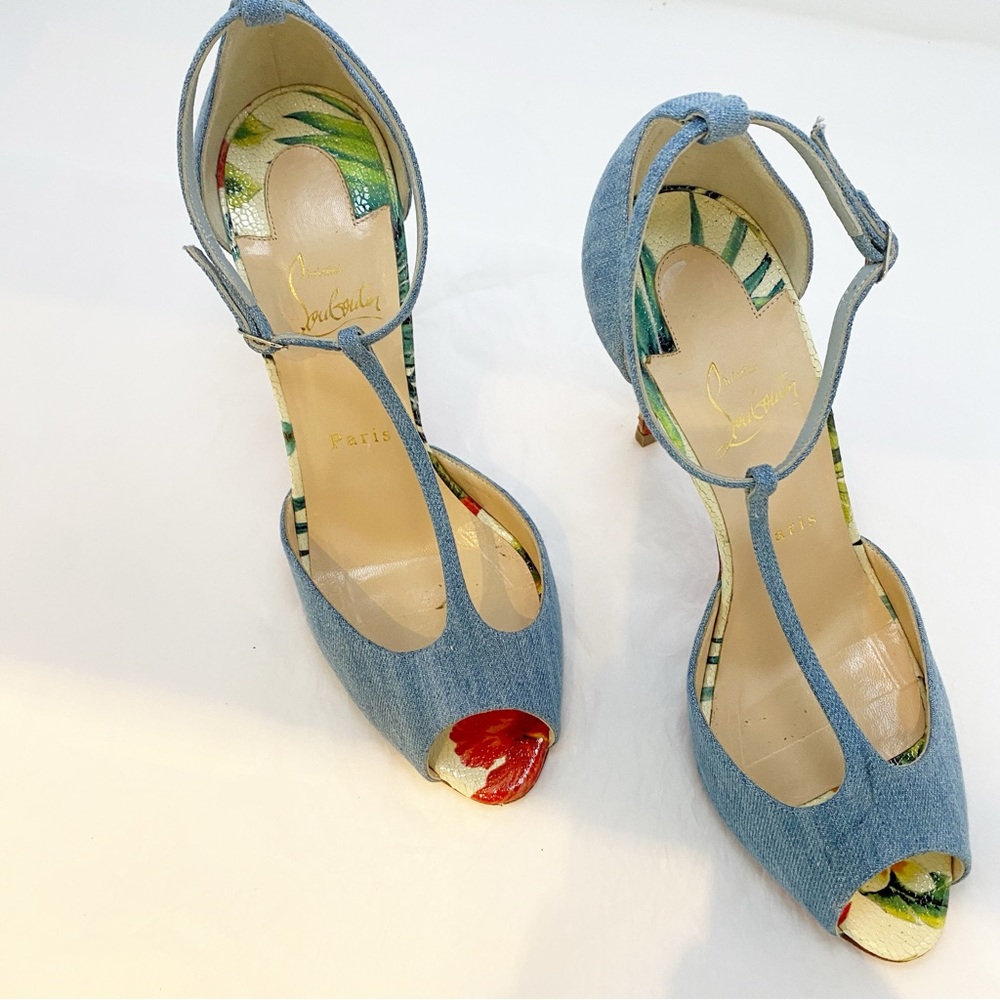 Christian Louboutin Senora 100 T-Strap Sandal Denim EU 39.5 | Red Sole - Picture 4 of 17